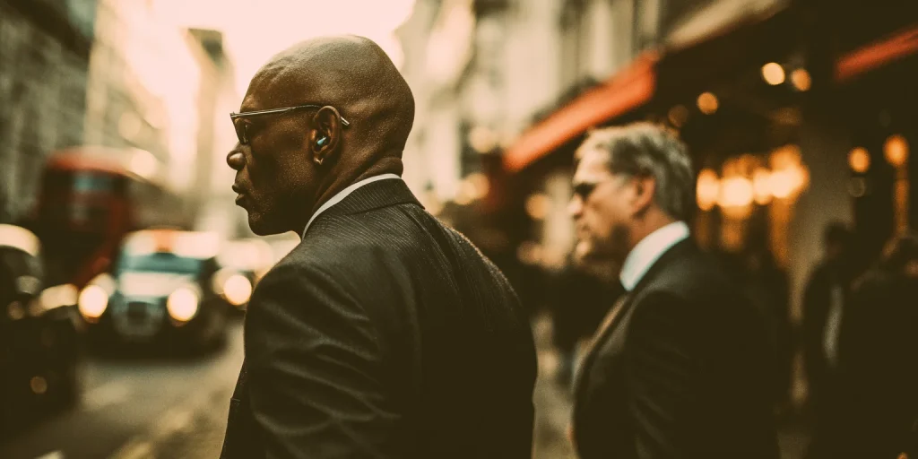 a close protection officer in a black pin stripe suit guarding a VIP in a busy London street in day light