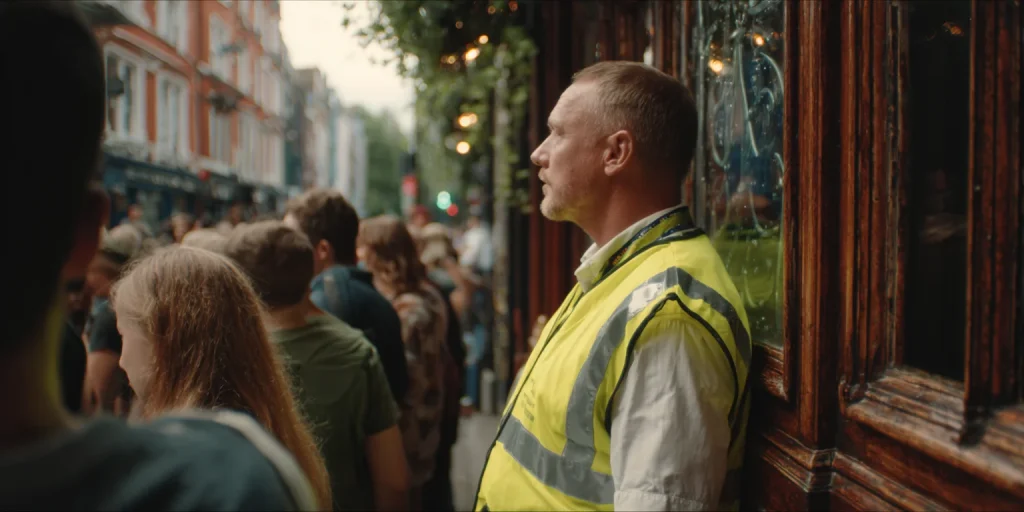 a door supervisor with yellow hi-vis vest outside a busy pub in London with customers outside in day light