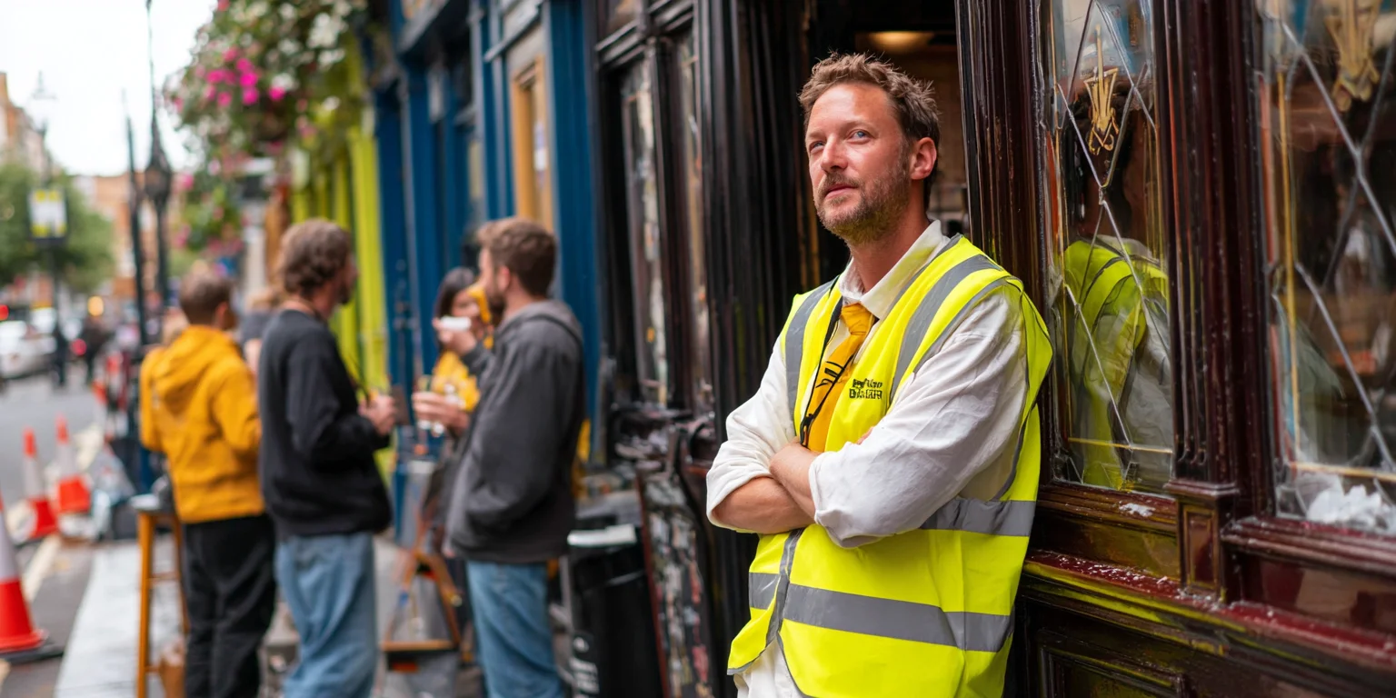 a door supervisor outside a pub in London with customers outside in day light