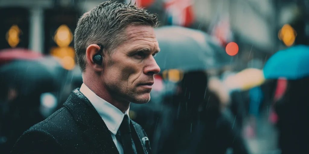 a cooperate security guard wearing a black suit standing in a busy London street in the rain with a radio ear peace in his ear in day light
