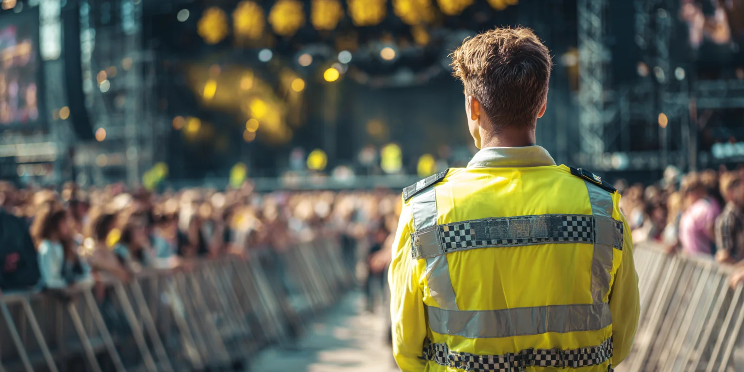 A security officer wearing a high-visibility yellow jacket monitors a large crowd at an outdoor music festival, standing near metal barriers with a stage and bright lights visible in the background.