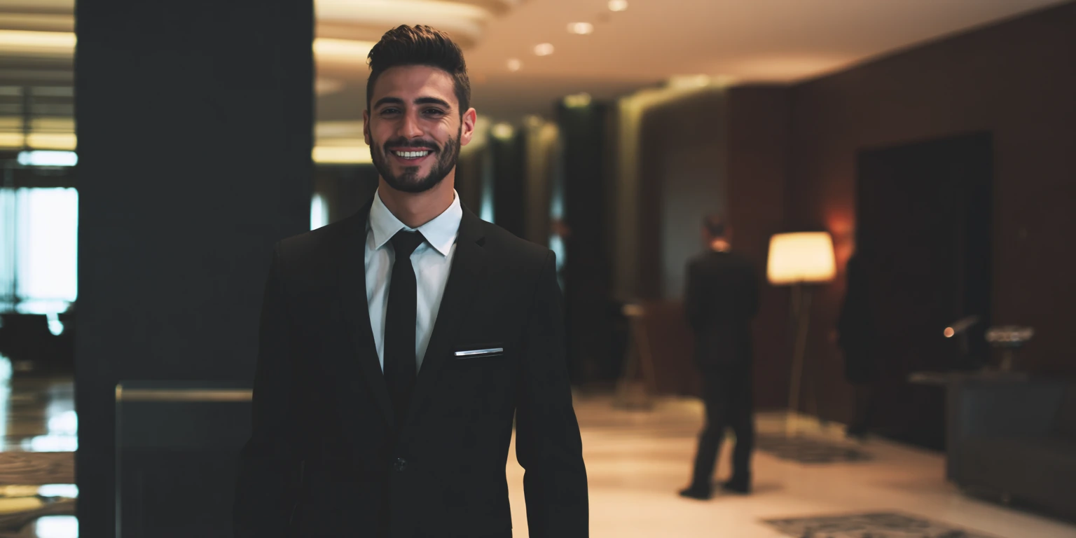 Highly detailed 4K image of a white male British security guard in full uniform, standing watch in a hotel lobby, exemplifying professionalism and vigilance in a well-lit, upscale environment