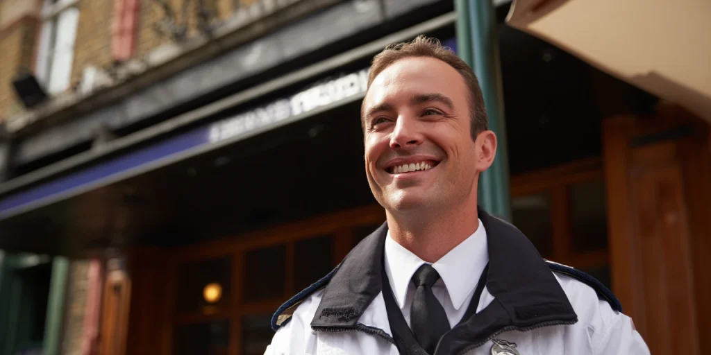 Close-up of a white male British security guard in uniform, smiling confidently outdoors, conveying professionalism and approachability in a well-lit environment