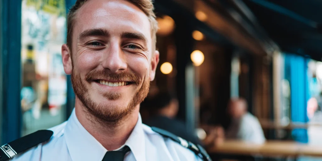 Close-up portrait of a smiling white male security guard in a UK uniform, standing outdoors in bright daylight. He has short brown hair, a clean-shaven face, and is wearing a black tactical jacket with a visible security badge on the chest.