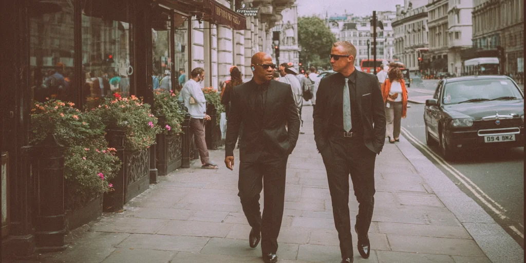 close-protection bodyguard standing alert outdoors. He’s a fair-skinned man wearing a tailored dark suit, crisp white shirt, and tie, with a discreet earpiece in one ear. His posture is upright and composed, exuding professionalism.