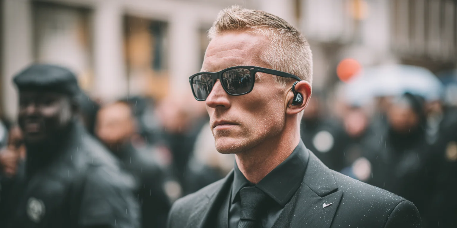 UK close-protection guard standing alert in a rainy urban environment. He’s a fair-skinned man with short, light hair, wearing a sleek, fitted black suit, black shirt and tie, and dark sunglasses. A discreet earpiece sits in his ear, raindrops