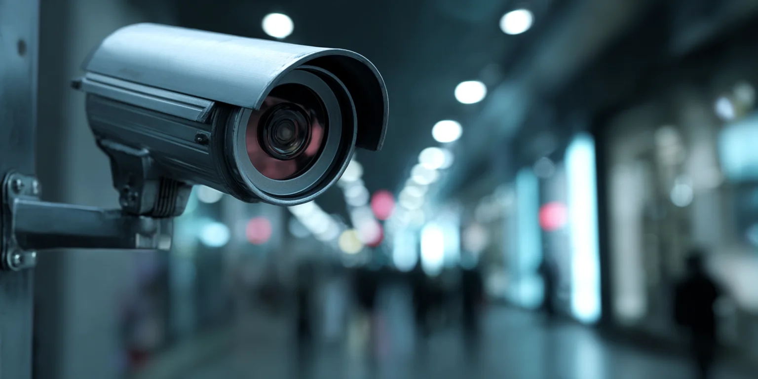 u6625511335_cctv_security_guard_4k_image_–ar_21_–v_7_3ae8a8cf-79f5-4293-8e5a-7d132d0328ba_1 A close-up of a CCTV camera mounted indoors, focused on a busy London corridor with people blurred in the background.