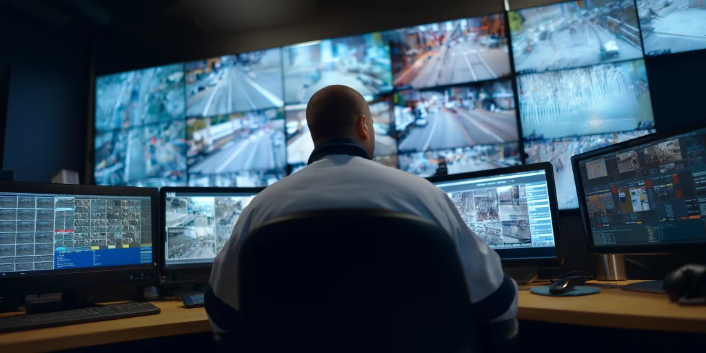 London CCTV security monitoring control room with an SIA-trained operator reviewing multiple live feeds for rapid incident detection and response.