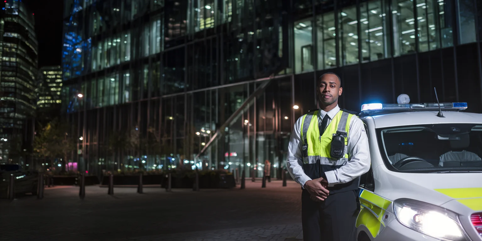 A professional London security officer in a high-visibility vest standing beside a marked patrol vehicle at night in front of a modern glass office building.
