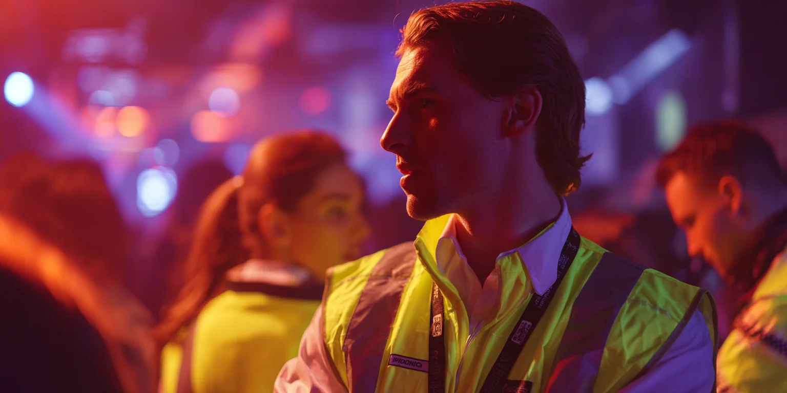A professional SIA-licensed security guard in a high-visibility vest working inside a busy London nightclub, monitoring customers under vibrant lights.