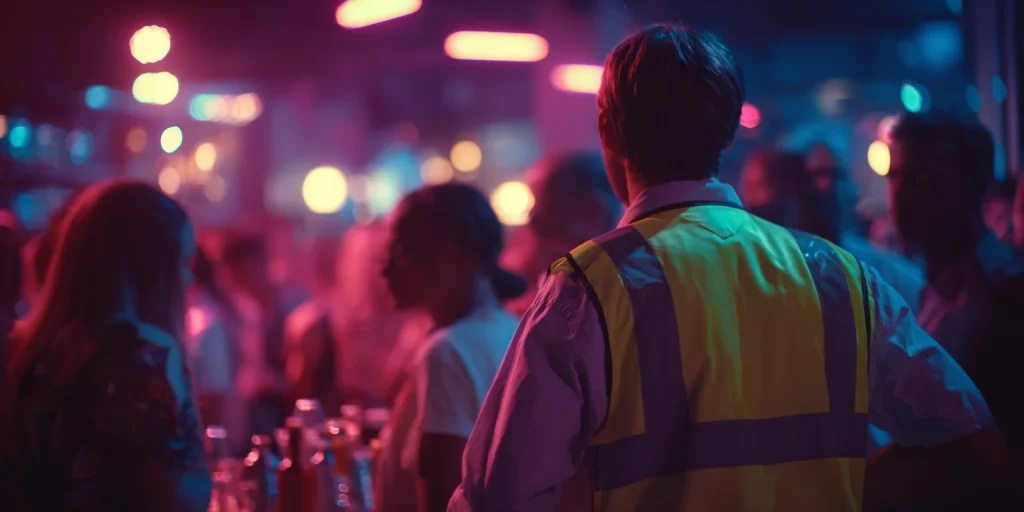 A licensed London security guard in a high-visibility vest overseeing customers at a crowded nightclub bar under colourful lighting.