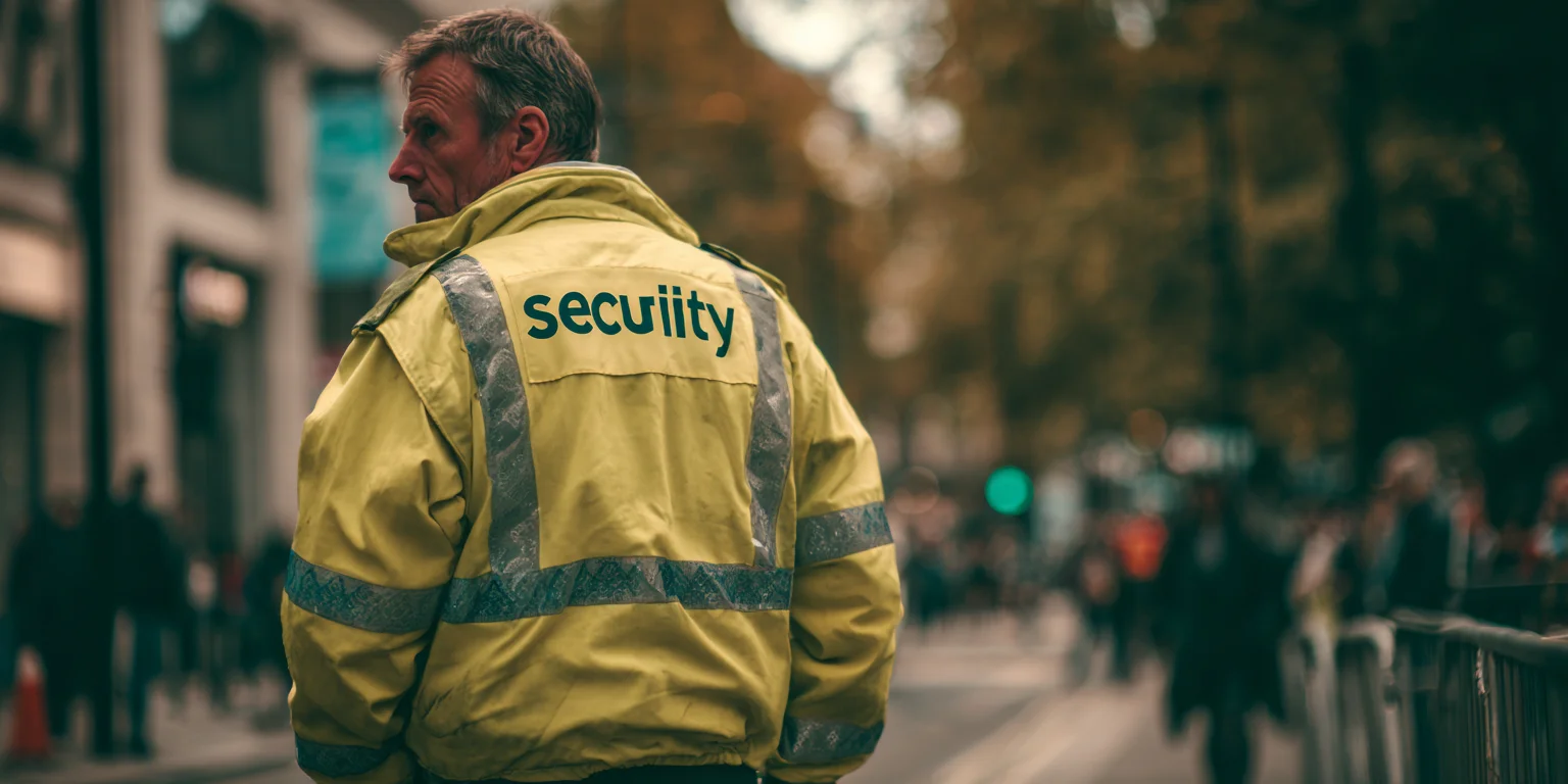 A uniformed London security guard wearing a high-visibility yellow jacket marked “security” while monitoring a busy city street during daytime.