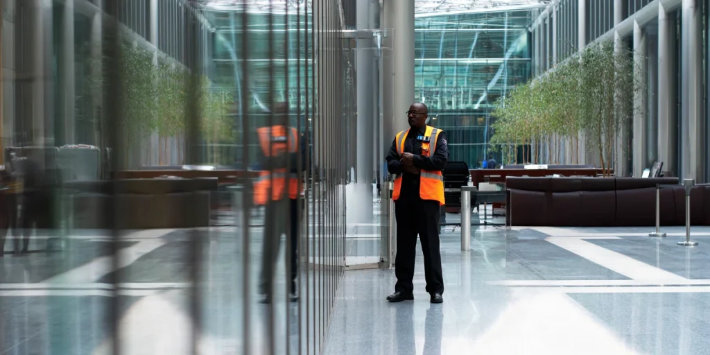 Security guard securing sensitive information and data within a corporate building