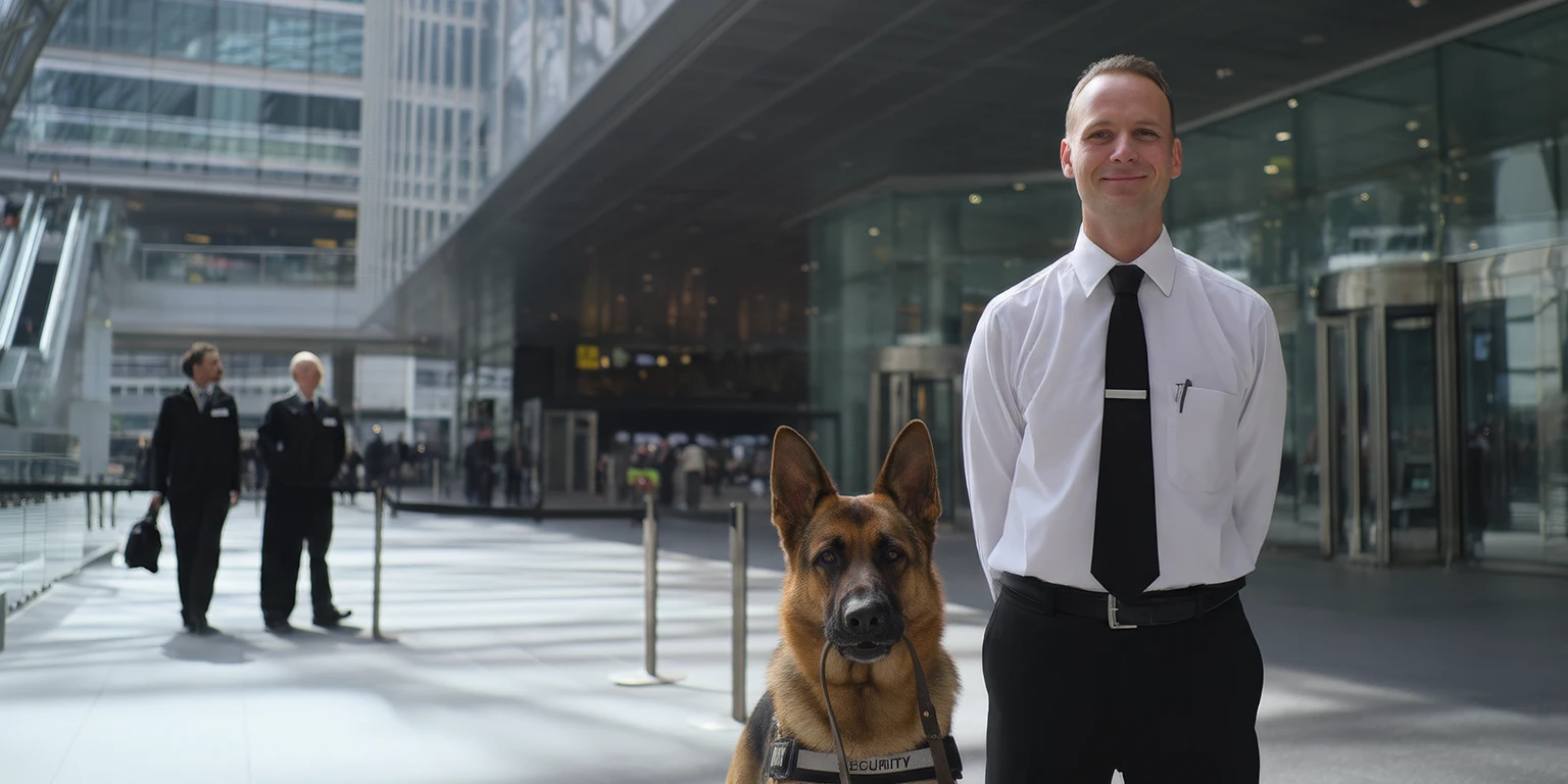 A security guard standing next to a canine security dog both facing camera