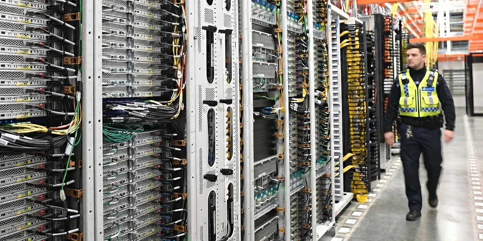 Security guard working in a data centre securing sensitive data