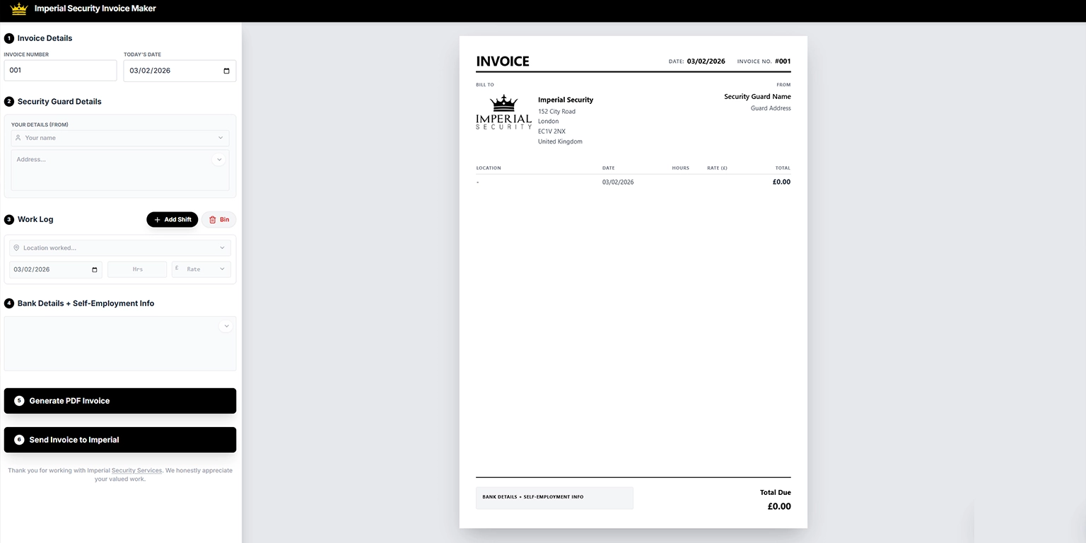Detailed screenshot of the Imperial security invoice maker generator