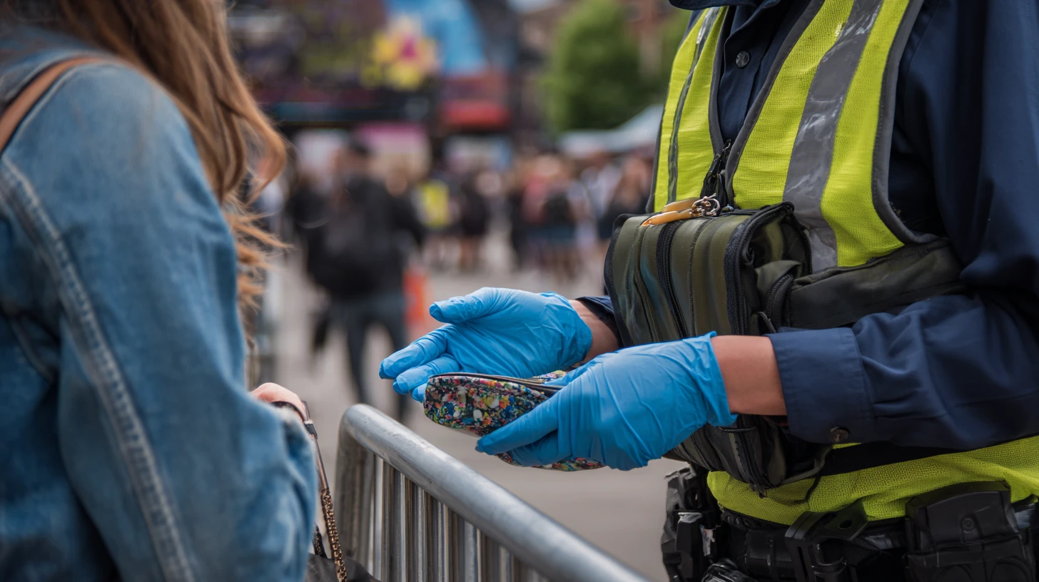 A close-up photograph showing a security officer wearing blue nitrile disposable gloves conducting a bag or personal item search at an outdoor public event. The officer, dressed in a high-visibility yellow reflective vest over a dark navy long-sleeved top, is holding open a small multicoloured patterned zip pouch or purse belonging to a female attendee, who is partially visible on the left wearing a denim jacket and holding a small shoulder bag. The security officer is also wearing a tactical body vest or utility pouch on their chest, and a belt with additional equipment is visible at their waist. A metal crowd control barrier separates the officer from the member of the public. In the softly blurred background, a large crowd of event-goers is visible along with colourful signage and trees, consistent with a busy UK festival or outdoor event environment. The use of blue nitrile gloves reflects standard hygiene and safety practice during physical searches.