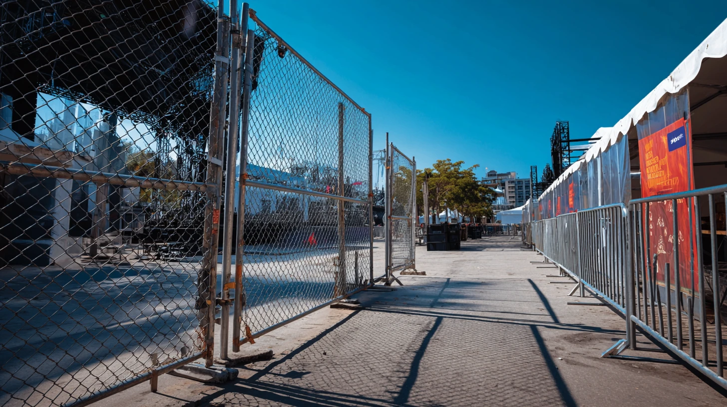 A daytime photograph taken along a paved pathway at an outdoor festival venue in a park, flanked on both sides by security infrastructure under a vivid clear blue sky. On the left, a series of tall temporary chain-link fencing panels with galvanised steel frames dominate the foreground, showing signs of wear including rust at the base and orange tie straps securing the sections together. Beyond the fencing to the left, a large black stage or scaffold structure is visible, along with audio-visual equipment, trees, and what appears to be a reflective or mirrored surface. On the right side of the pathway, a row of silver interlocking metal crowd-control barriers lines the route, with a white marquee tent canopy overhead and a bold orange and red promotional banner affixed to the barriers, featuring white text and graphic design elements. Further along the path, more trees, a multi-storey building, and additional festival infrastructure including black equipment cases are visible in the middle distance. Strong midday sunlight casts sharp diagonal shadows across the cobblestone and concrete ground. The overall scene suggests the venue is set up and ready ahead of the event, with no attendees present in this section of the site.