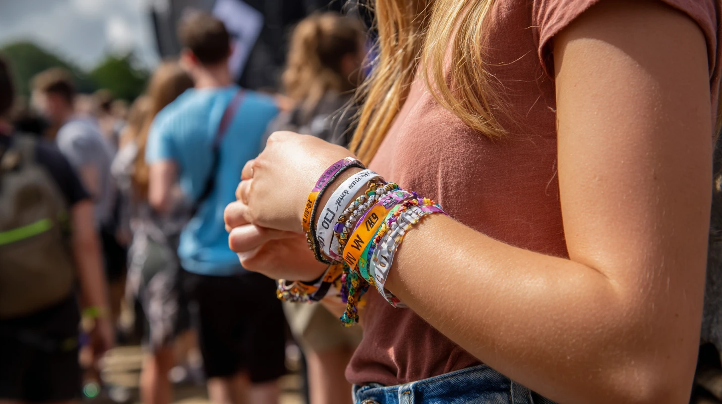 A close up of a young woman's wrist stacked with multiple colourful fabric and paper festival wristbands in orange, white, purple and patterned designs. She wears a pink top and denim shorts, with a blurred outdoor festival crowd and overcast sky visible behind her.