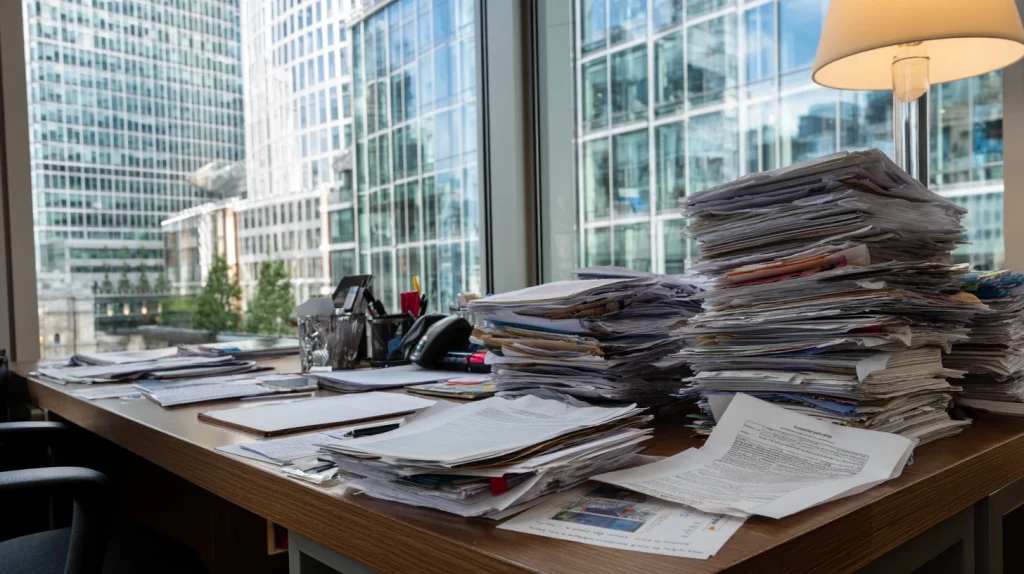 A wooden office desk overflowing with tall stacks of loose paperwork and folders, with a view of Canary Wharf glass skyscrapers through the window behind.