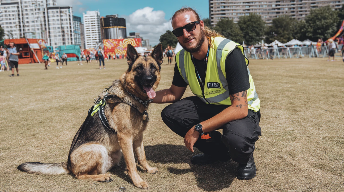 Security Dog Handler Posing With German Shepherd at Urban Outdoor Festival A male security dog handler with long curly light brown hair, a beard, and dark sunglasses crouches down on dry grass beside a German Shepherd dog at an outdoor urban festival. He is wearing a black t-shirt, a yellow high-visibility reflective vest with a "Pluriel" badge, black cargo trousers, black boots, a watch, and a blue lanyard. His right arm features a visible tattoo. The German Shepherd is seated upright, wearing a black and yellow harness with a chain collar, with its tongue hanging out. Both are facing the camera in a relaxed and approachable pose. In the background, a busy festival ground is visible with colourful event structures, white marquee tents, metal crowd barriers, festivalgoers, trees, and tall residential tower blocks under a bright blue sunny sky.