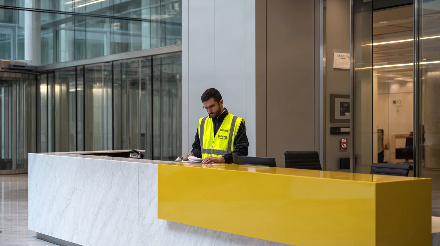 Security Manager in Hi Vis Vest Reviewing Documents at Corporate Reception Desk A male security manager wearing a hi-vis yellow vest over a black jacket and glasses stands behind a modern marble and yellow reception desk in a corporate building lobby. He looks down, reviewing paperwork. Large glass walls and a bright, open atrium are visible in the background.