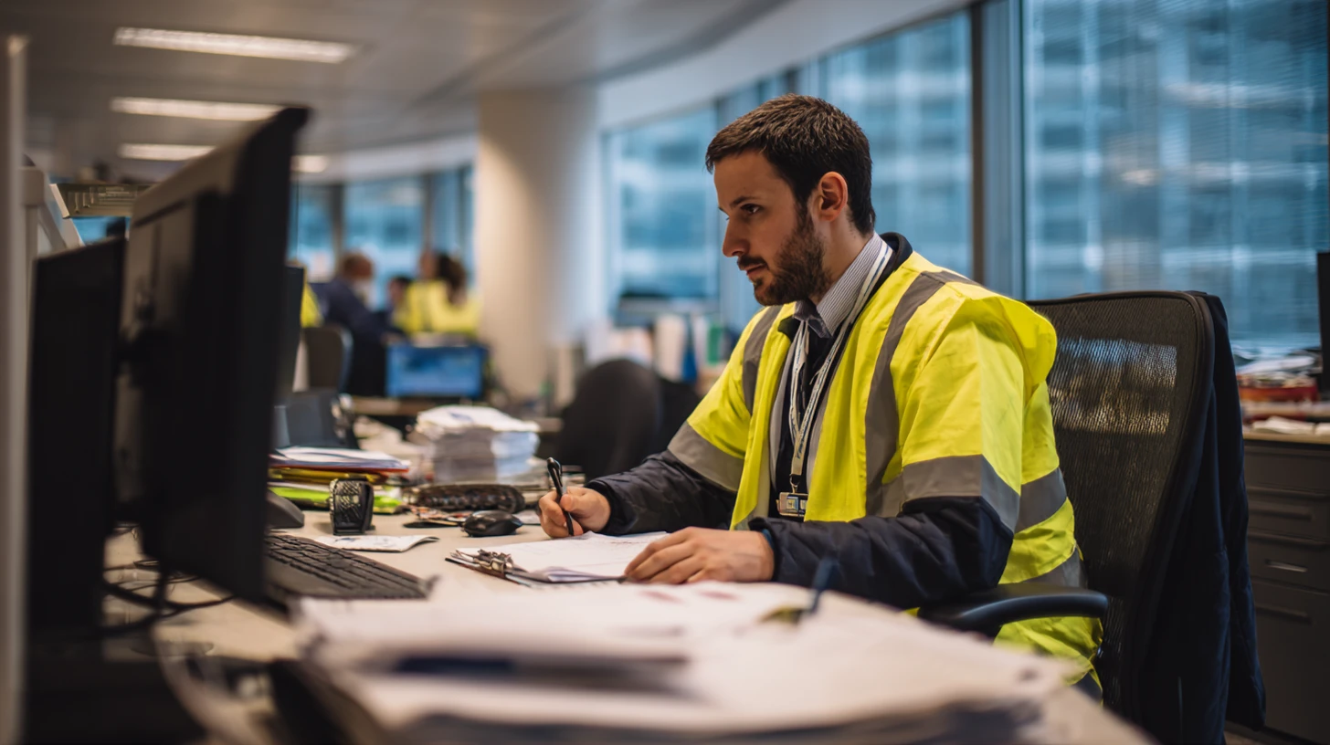 A focused male security manager wearing a hi-vis yellow vest over a navy jacket and a lanyard ID badge sits at a busy office desk, writing on a clipboard. A computer monitor, stacked paperwork and a keyboard are visible. Colleagues in hi-vis vests work in the background near large windows.