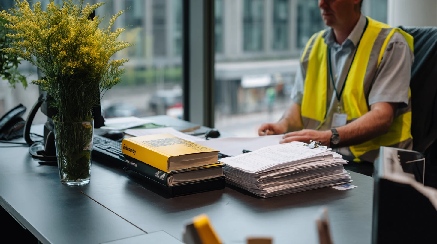 A close-up, slightly shallow-focus photograph of a tidy office desk in the foreground, with a security professional visible in soft focus in the background. The desk surface is dark grey and holds several items: on the left, a clear glass vase containing yellow flowering sprigs and green foliage; beside it, a black computer keyboard with a yellow-covered book and a darker book stacked on top of it, the yellow book's title partially legible but not fully readable; and to the right of the books, a thick stack of white documents secured with a binder clip. A desktop phone and additional scattered papers are also visible on the desk. A black document tray sits at the far right edge of the frame. In the background, partially blurred, a white male is seated at the desk wearing a bright yellow high-visibility safety vest over a light blue short-sleeved shirt. A green lanyard with an ID badge is visible around his neck, and a wristwatch is on his left wrist. He appears to be reviewing or handling paperwork. Behind him, large floor-to-ceiling windows overlook an urban street scene with buildings, parked vehicles, and greenery visible outside in overcast daylight.