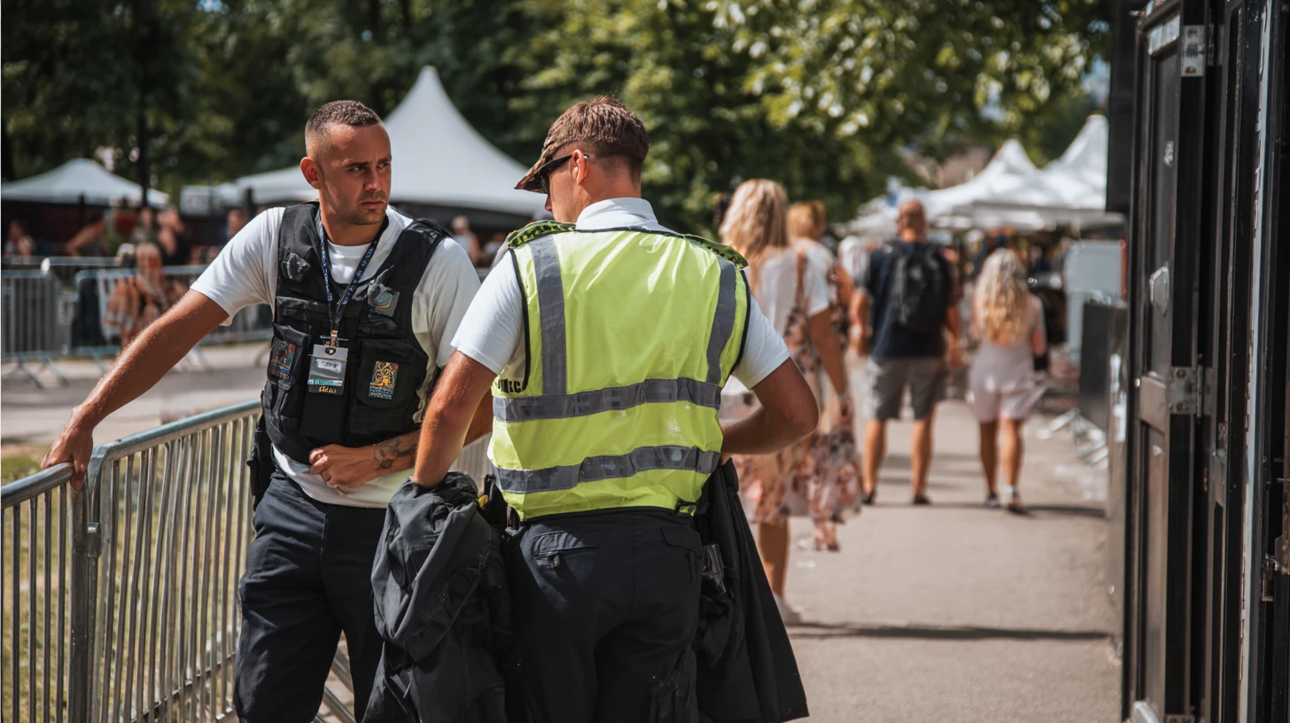 Two male security personnel stand near a metal crowd-control barrier at an outdoor music festival on a sunny day. The guard on the left faces the camera, wearing a white t-shirt, black tactical vest with an ID lanyard and badges, black trousers, and has visible tattoos on his forearm. He is leaning against the barrier. The guard on the right has his back to the camera and is wearing a high-visibility yellow reflective vest over a white polo shirt, a cap with sunglasses, and black trousers, and is carrying black clothing or equipment. In the background, festival-goers walk along a sunlit path lined with white marquee tents and lush green trees, creating a busy, summery atmosphere.