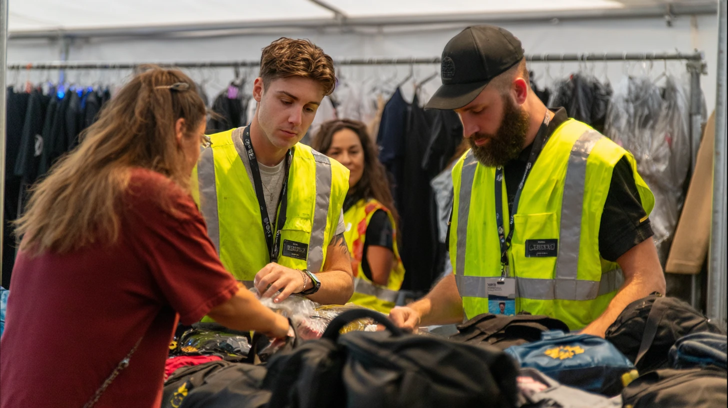 
Two male security guards wearing high-visibility yellow reflective vests and event lanyards with accreditation badges are conducting thorough bag searches at a table inside a white marquee tent or temporary indoor structure. The guard on the left is young with curly brown hair, wearing a grey t-shirt beneath his vest, and is leaning forward actively searching through items belonging to a female attendee in a red t-shirt whose back is to the camera. The guard on the right has a dark beard and is wearing a black cap and black short-sleeved top, and is focused on searching through a dark rucksack and other bags on the table. Multiple bags, backpacks, and personal belongings are spread across the search table. In the softly blurred background, a third female security staff member in a high-vis vest is visible, along with a clothes rail holding numerous garments in plastic coverings, suggesting this may be a backstage or event production area. The overall setting reflects a controlled access search point at a UK event or festival venue.