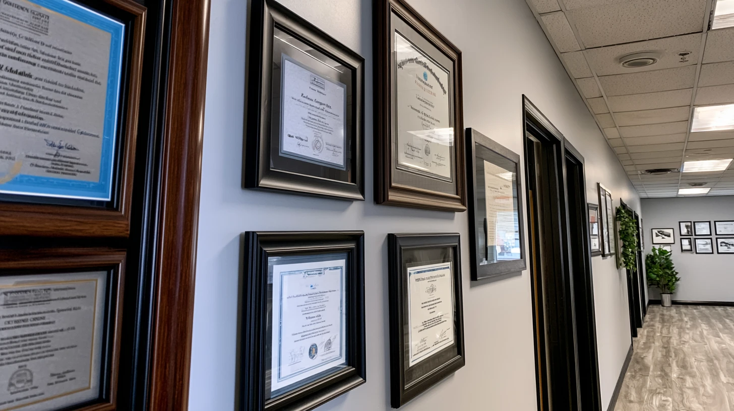 Corporate office wall With hanging certifications on the wall all framed