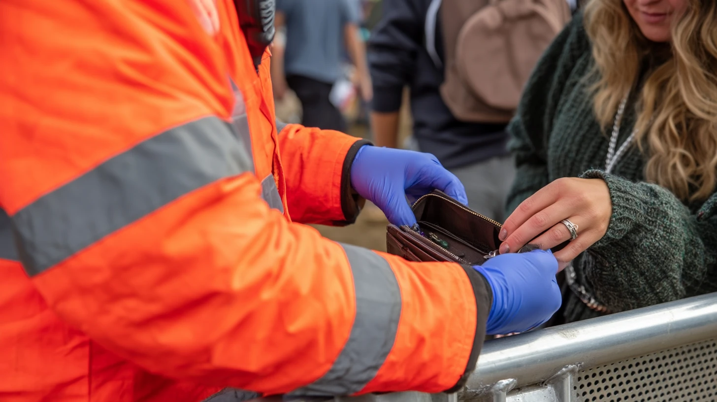 Event security officer searching purse access control at Event Festival