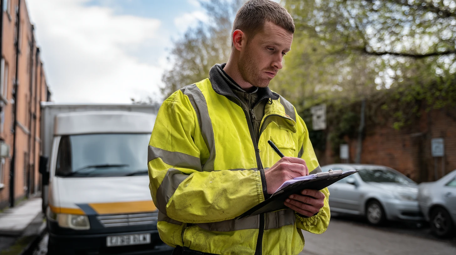 A man wearing a yellow high-visibility jacket with grey reflective strips stands outdoors on a street, writing on a clipboard with a black pen. He is focused downward on his paperwork. Behind him is a white and yellow van partially visible on the left, and a silver car parked on the right. The setting appears to be a quiet urban street event lined with brick buildings and trees with early spring foliage. The sky is overcast with light cloud cover.