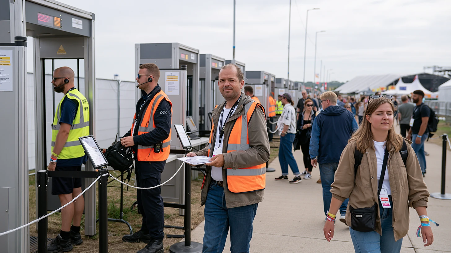 A-row-of-metal-detectors-lined-up-for-a-UK-event-festival