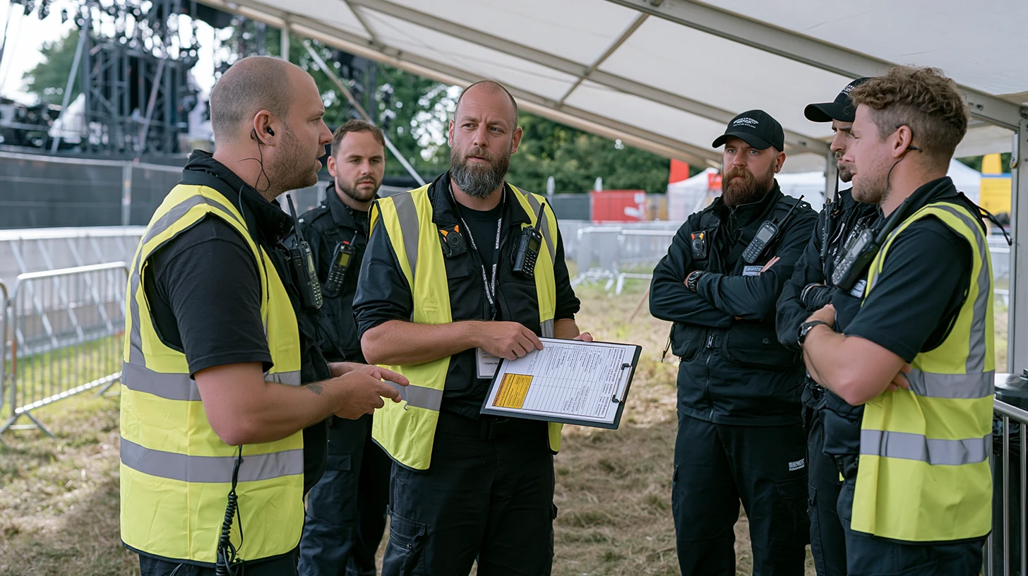 A team of event security guards and staff discussing briefing for metal detectors