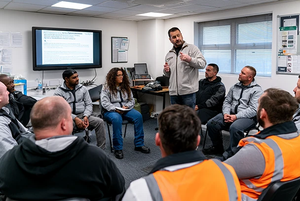 A trainer stands and addresses a group of security personnel seated in a circle within a classroom setting. Attendees wear grey uniforms and hi-vis orange vests. A large screen displaying training content is mounted on the wall behind the trainer. The session appears to be a counter terrorism or safety awareness briefing in a UK workplace environment.