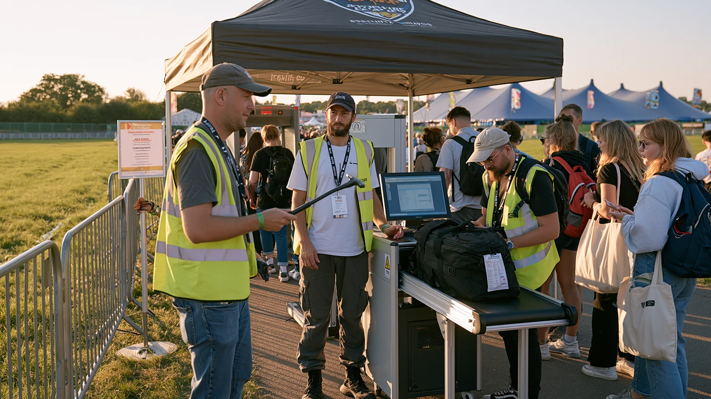 Tall UK security guards screening festival-goers with metal detectors and bag X-ray equipment at an outdoor summer event entrance