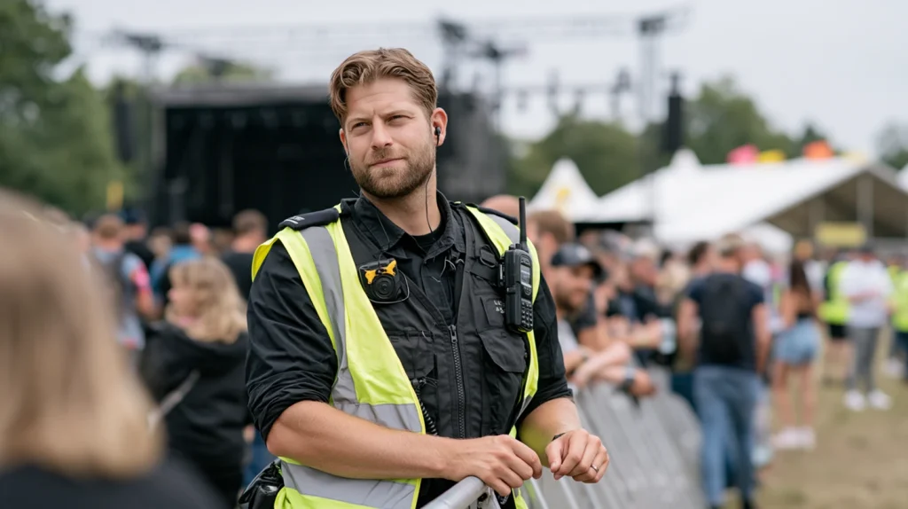 A tall British security guard at a UK outdoor summer festival scans the crowd, watchful for suspicious behaviour, documentary-style photo