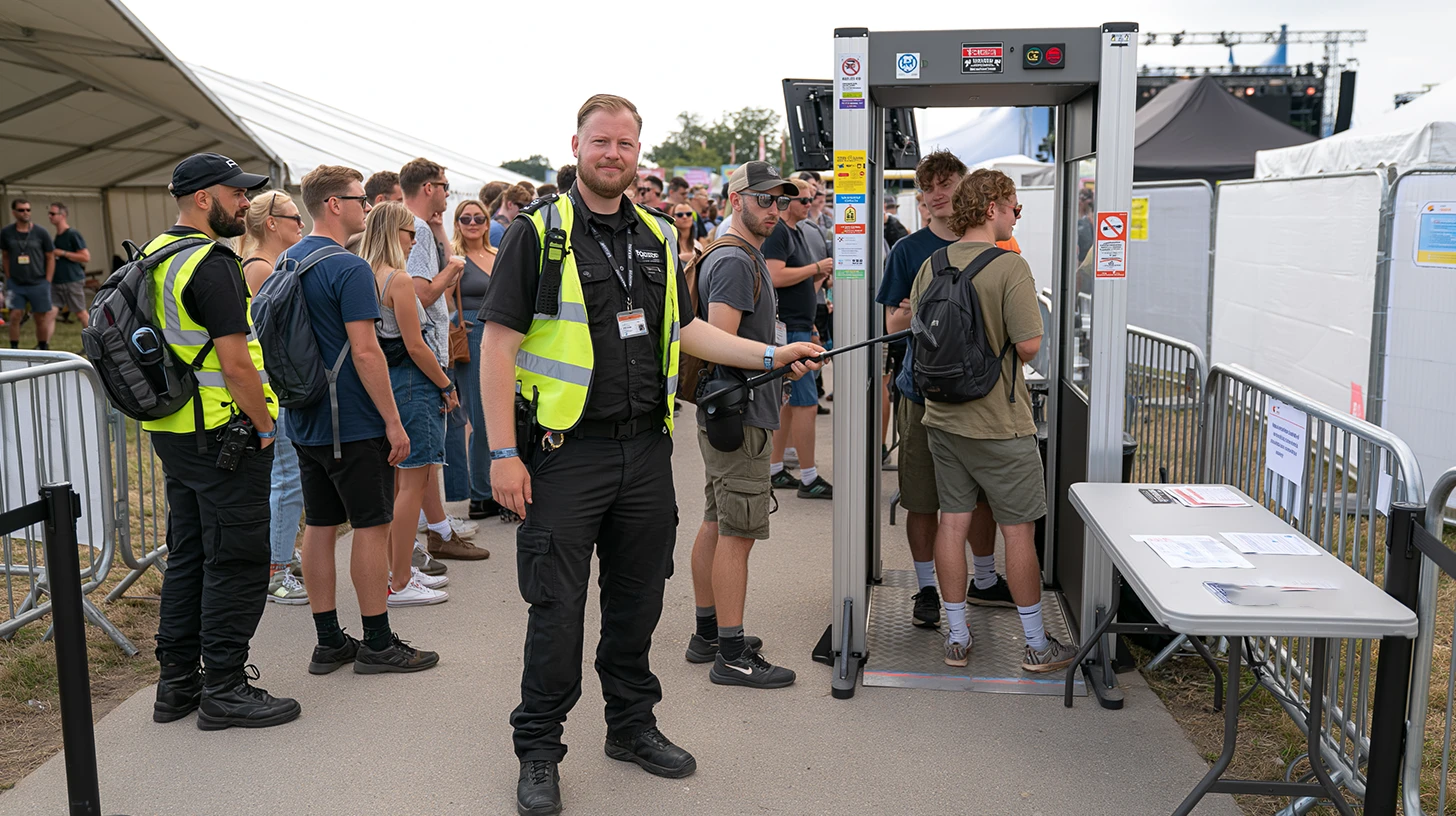 Tall UK security guards operating a knife arch metal detector at the entrance of an outdoor summer event, screening attendees in a documentary photography style.