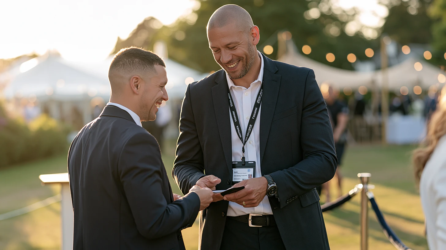 Tall UK security guard checking a VIP guest's credentials at an outdoor summer event checkpoint