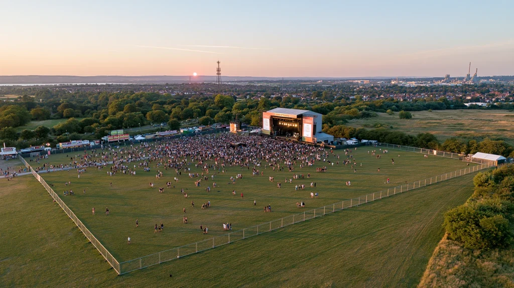 Aerial view of a large outdoor UK music festival at dusk showing the full security perimeter fencing around the crowd