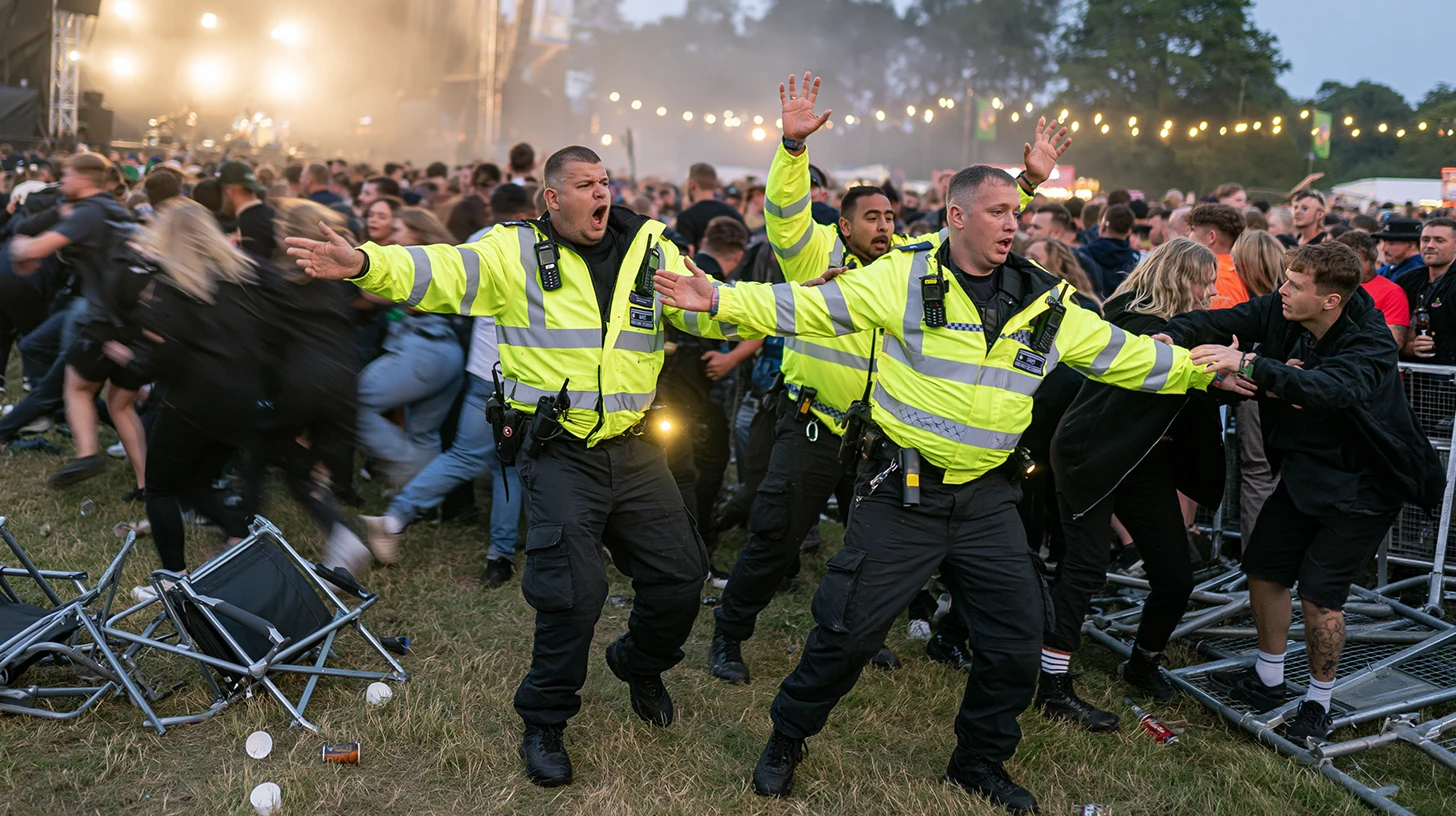 Tall UK security guards in high-vis yellow jackets holding back a panicked crowd running from an incident at an outdoor festival