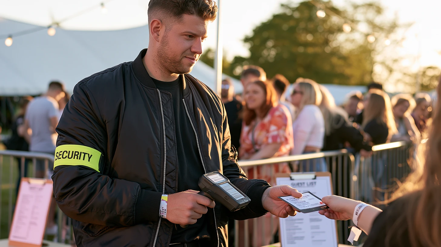 A tall UK security guard scans a festival-goer's ticket at an outdoor summer event entrance while a queue waits behind a barrier.