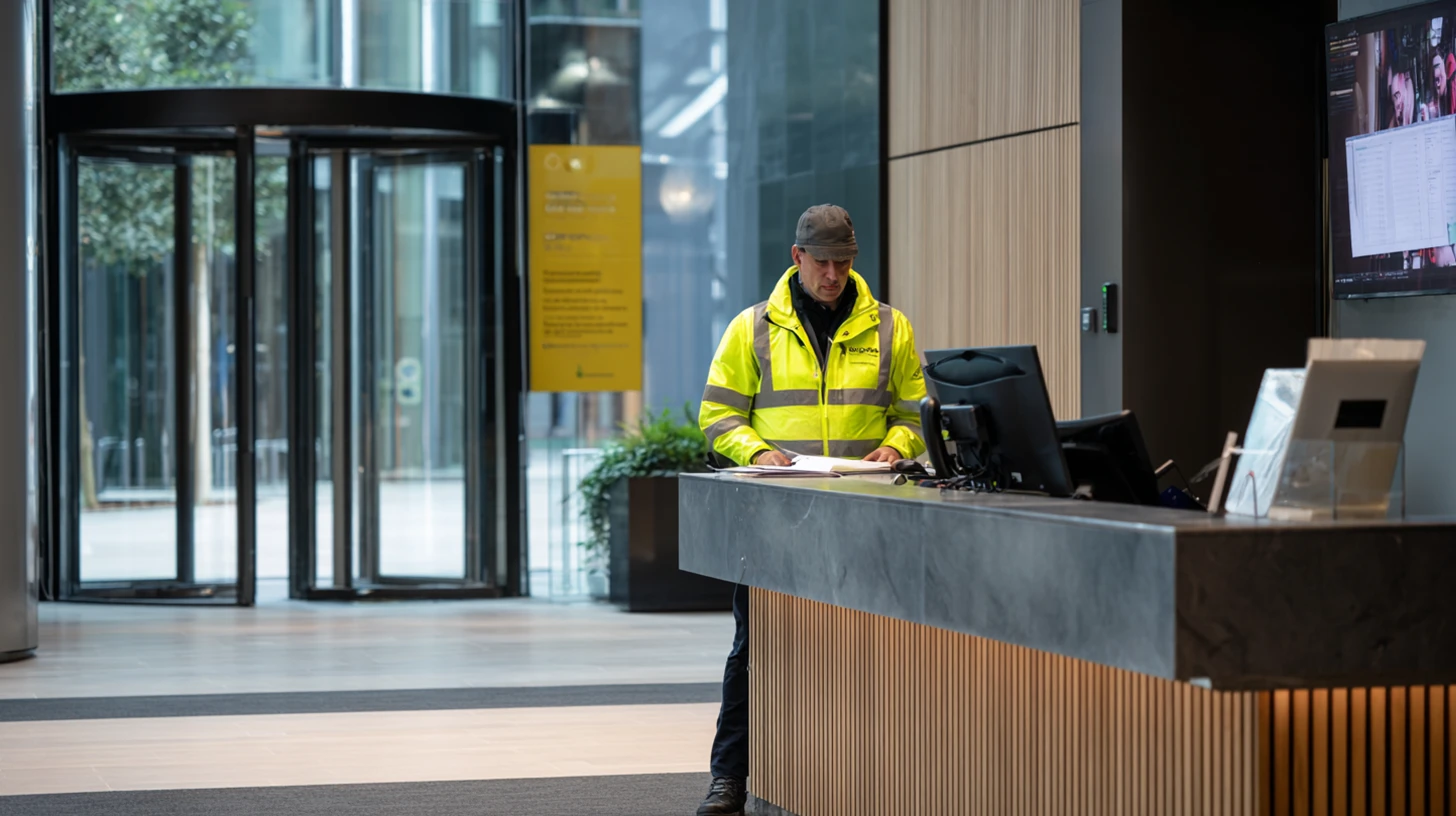 A security guard at the entrance of a security company desk