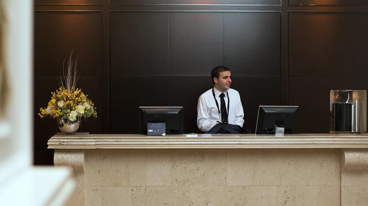 Hotel concierge security guard behind desk getting ready to start shift