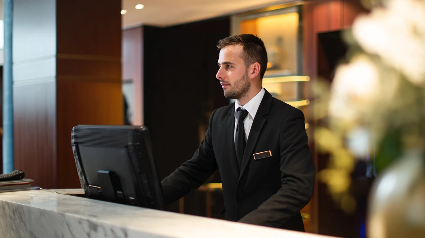 Security guard in hotel behind desk looking at screen Security guard in hotel behind desk looking at screen
