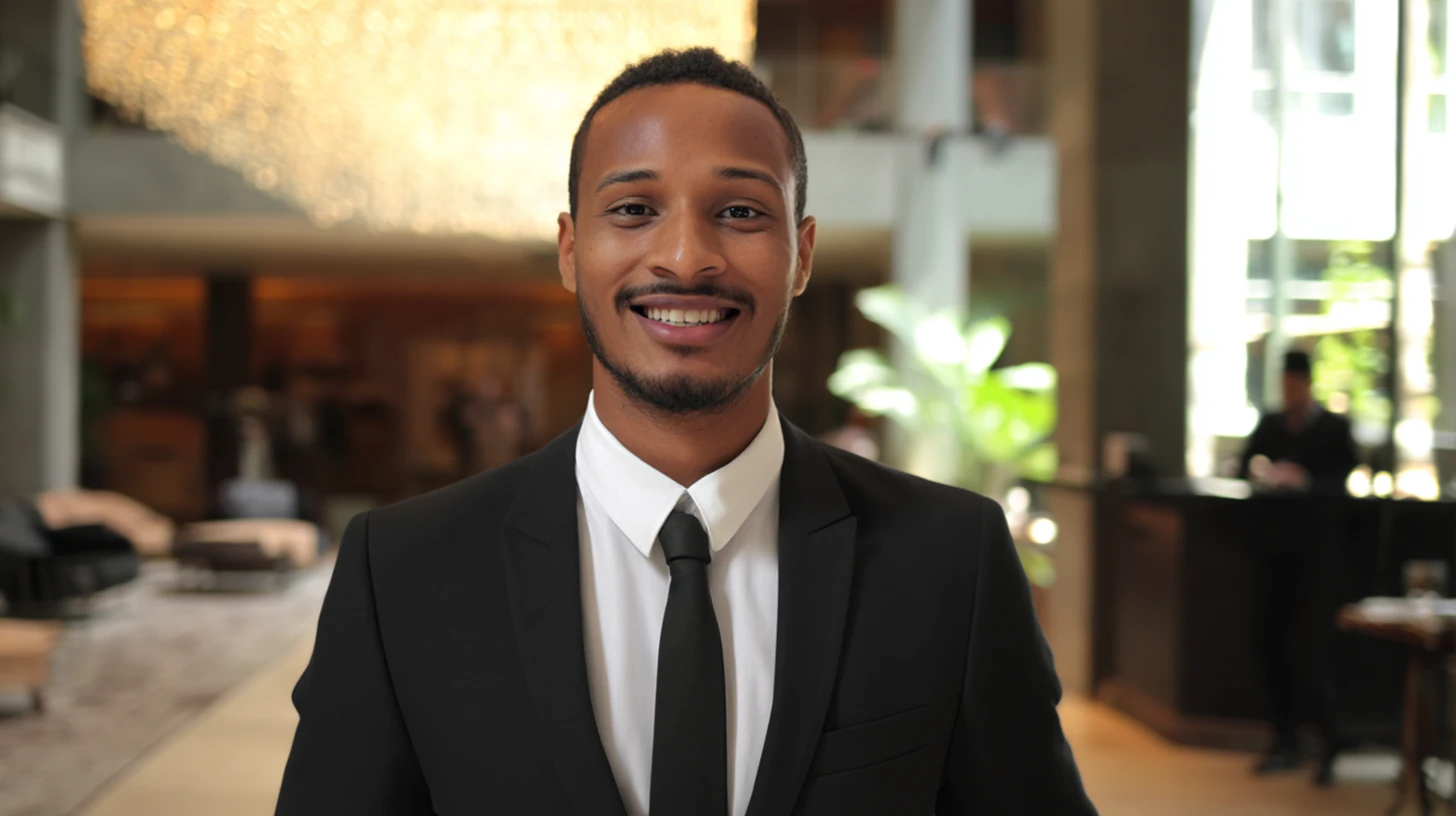 Smiling Hotel Concierge Security Guard in Hotel Lobby