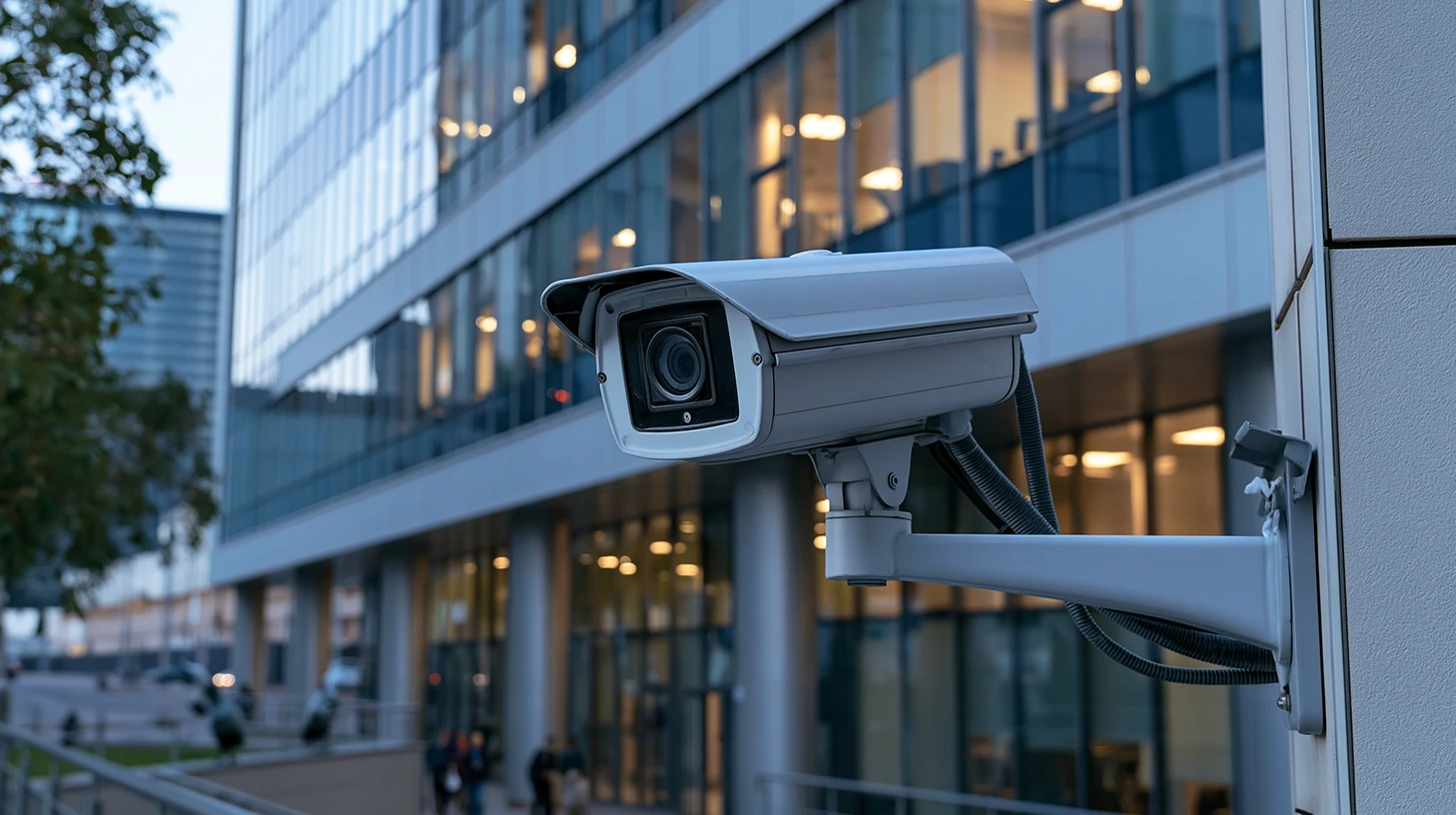 Outdoor security camera with AI video analytics detection overlay
