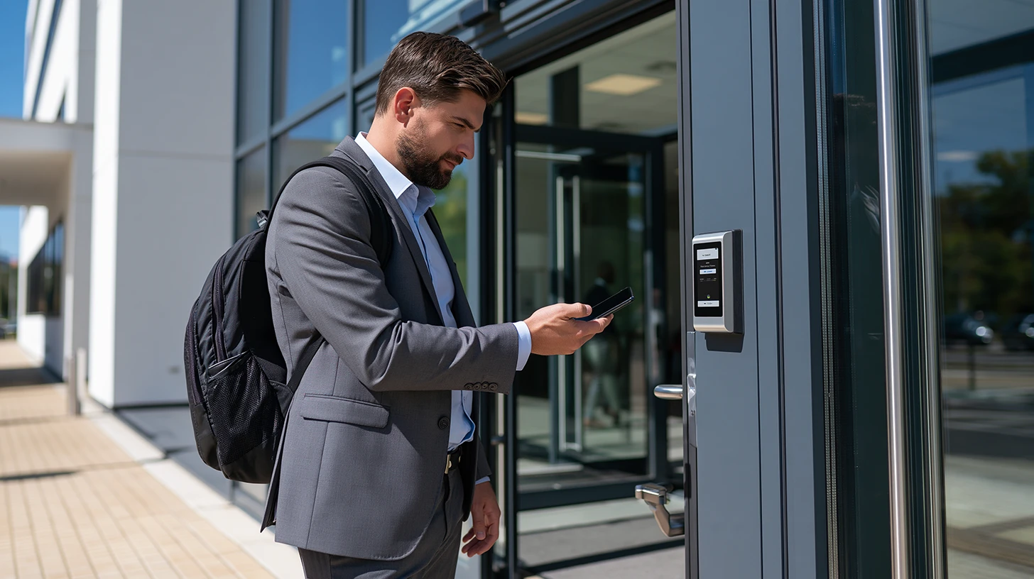Employee using mobile credential to unlock office access control reader
