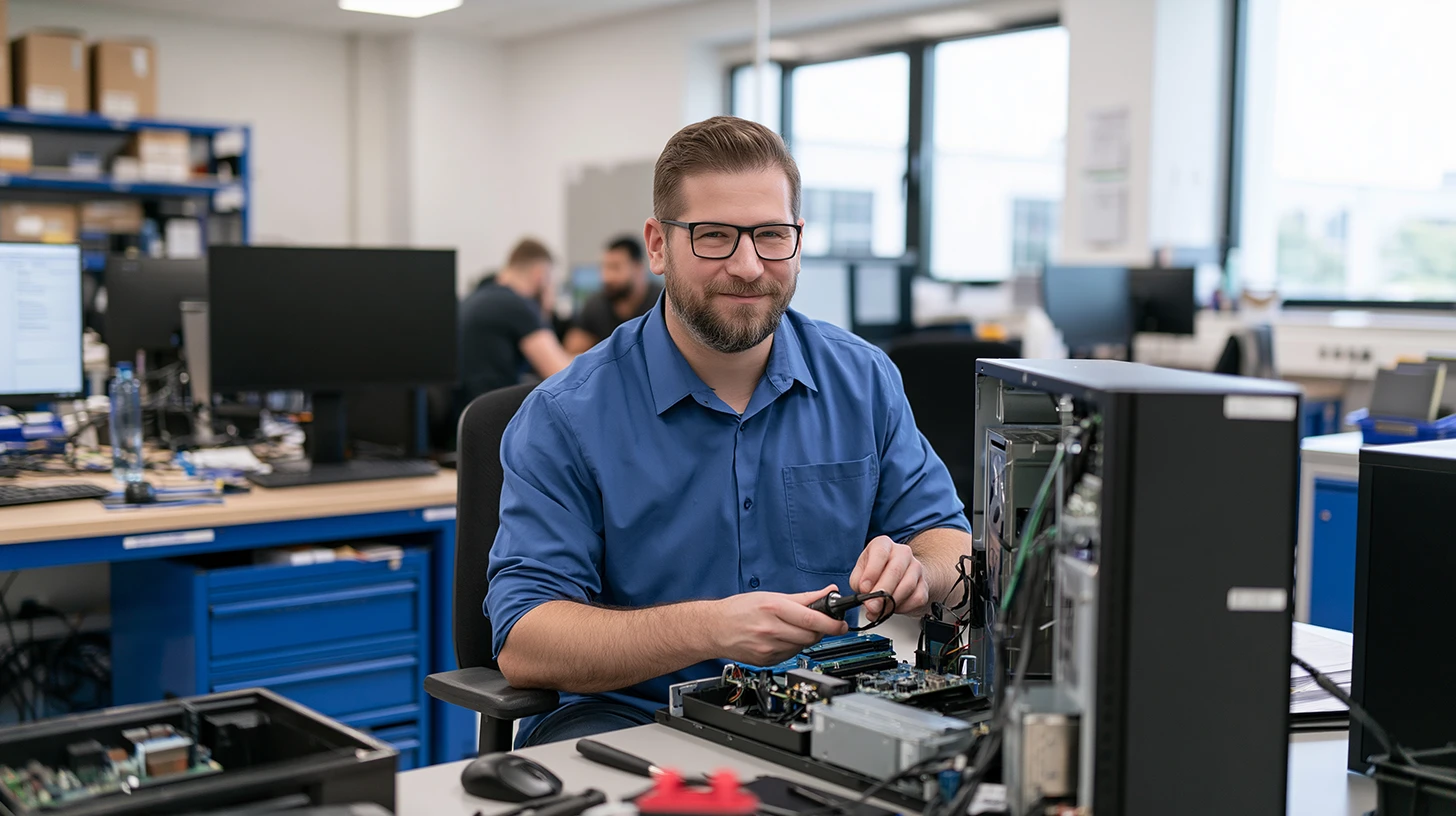 IT technician performing computer maintenance and repairs on control room servers